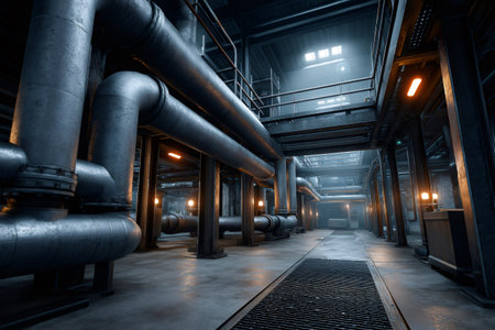 Large pipes, columns, and infrastructure forming an industrial interiorの素材