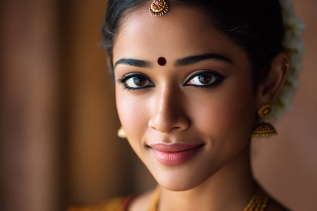 Indian woman wearing traditional jewelry and bindi smiling at cameraの素材