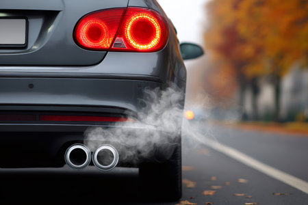 Car tailpipe emitting exhaust smoke, contributing to air pollution on an autumn roadの素材