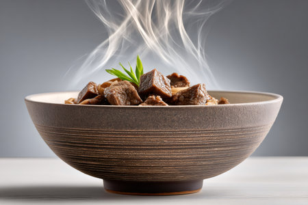 Beef stew served in a textured bowl, topped with green onions and rising steamの素材