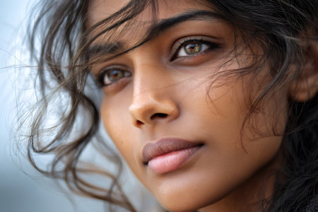Young Indian woman close up, looking away with a thoughtful expressionの素材