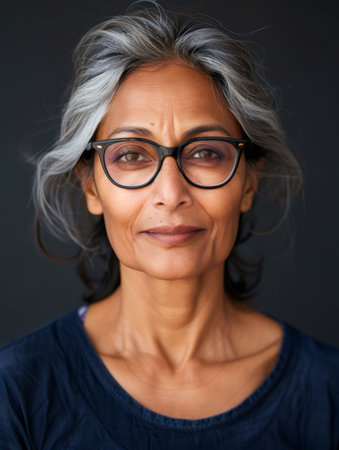Mature Indian woman with gray hair wearing glasses, looking at viewer with calm expressionの素材
