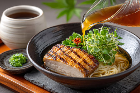 Ramen noodles with grilled pork belly and fresh greens getting broth poured overの素材