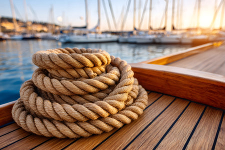 Coiled nautical rope resting on a teak boat deck with a marina and sailing yachts in the backgroundの素材