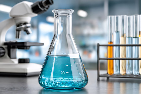 Laboratory flask filled with blue liquid featuring a microscope and test tubes in the backgroundの素材