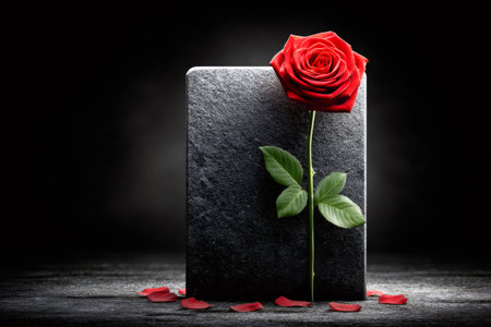 Red rose with green leaves standing against a textured black slate and falling petalsの素材