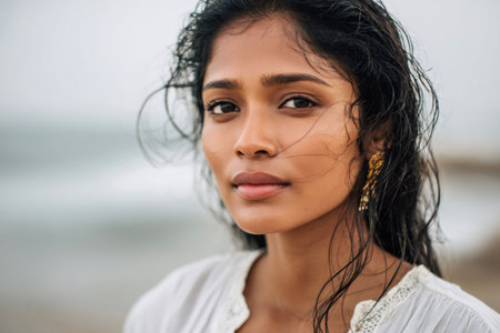 Woman with wet black hair standing on a beach, her face showing natural beautyの素材