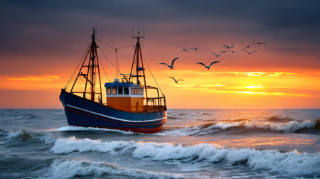 Fishing boat navigating through ocean waves with seagulls flying over a colorful sunset skyの素材