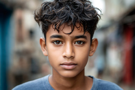 Young boy with dark curly hair and serious face looking directly at cameraの素材