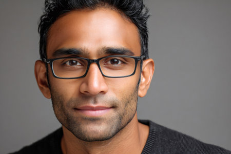 Young adult man with stubble and black hair wearing spectaclesの素材