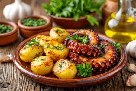 Grilled octopus and roasted potatoes seasoned with parsley, garlic, and olive oil on a rustic wooden tableの素材