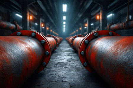 Industrial pipeline stretching into the distance within a dark concrete tunnelの素材
