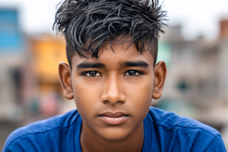 Young indian boy with dark skin and dark hair looking directly at cameraの素材