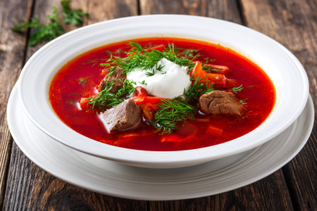 Hot borscht soup in a white bowl, garnished with fresh dill and a dollop of sour creamの素材