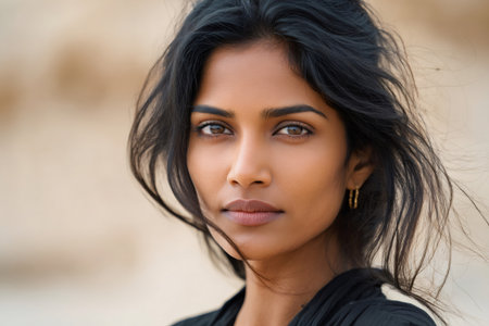Woman with dark hair looking confident and calmの素材
