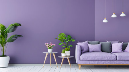 Minimalist living room featuring a purple couch, green plants, and stylish pendant lampsの素材