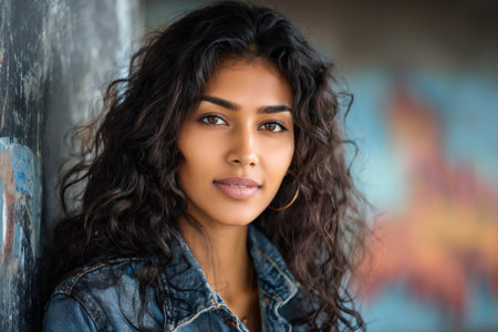 Young woman with beautiful long curly hair standing outdoors in a natural light urban settingの素材