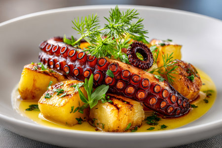 Plated grilled octopus with crispy potatoes, drizzled with olive oil and green herbsの素材