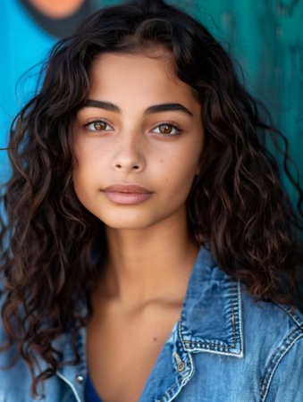 Young woman looking directly at camera with natural beauty and frecklesの素材