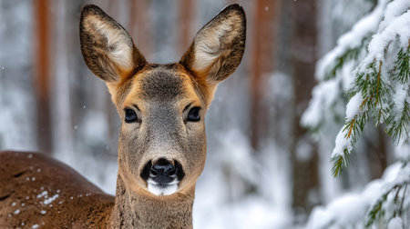 Roe deer looking directly into the viewer's eyes in a snow covered forest during winterの素材