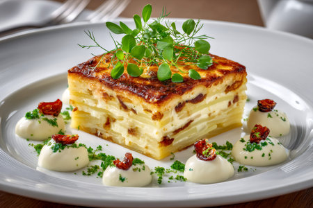 Potato gratin dauphinoise served with creamy sauce, sun dried tomato, and fresh microgreensの素材