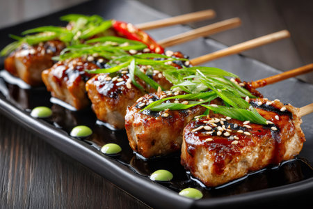 Grilled Japanese yakitori skewers topped with sesame seeds, green scallions, and red chili pepperの素材