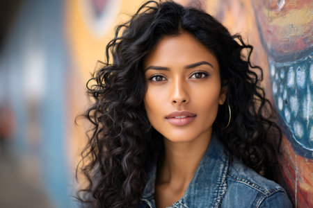 Young woman confidently gazing, dressed in denim, standing against a colorful street art muralの素材