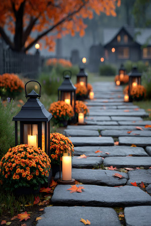 Pathway lined with lanterns and vibrant orange mums creating a cozy autumn evening atmosphereの素材