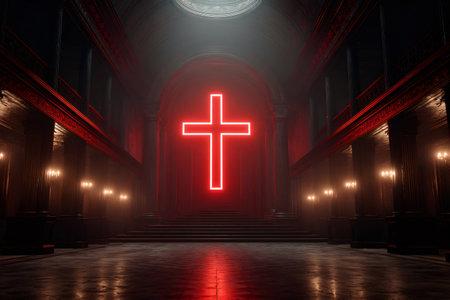 Red neon cross radiating light within a grand, dark, and empty church interiorの素材