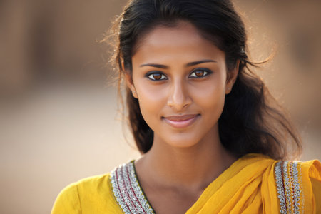 Young Indian woman smiling, portraying beauty and authentic ethnic cultureの素材