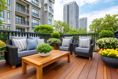 Modern outdoor furniture arranged on a wooden deck of an urban rooftop patio gardenの素材