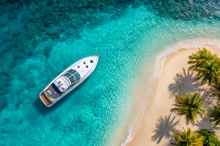 Yacht floating in clear turquoise water near a white sandy beach with palm treesの素材
