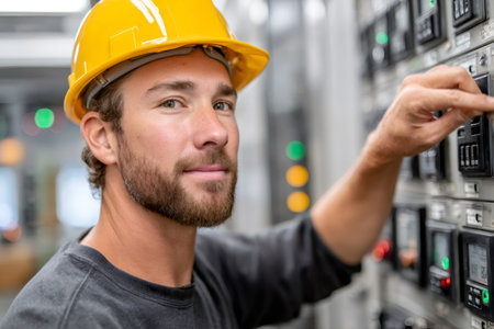 Man with beard and hard hat adjusting settings on a factory control panelの素材