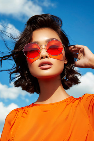 Woman posing with red sunglasses, orange outfit, and windy hair during summerの素材