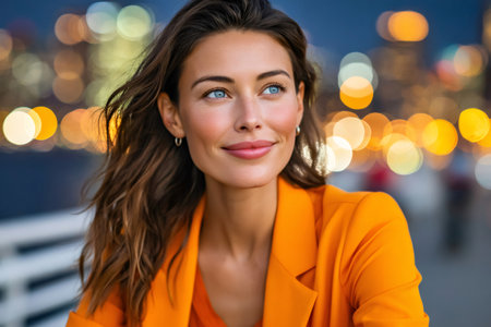 Brunette woman in orange jacket smiling and looking away at night with bokeh city lightsの素材
