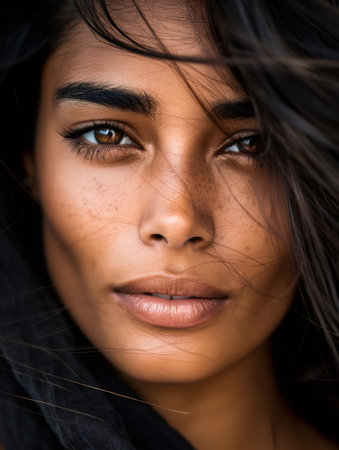 Woman's face with stunning natural beauty, wind blowing hair, and a captivating stareの素材