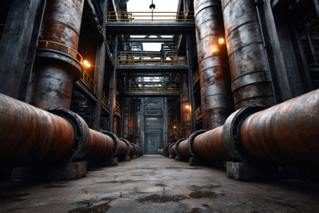 Interior view of an industrial facility with massive rusty pipes and steel structuresの素材