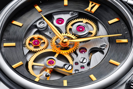 Watch movement exposing golden gears, cogs, and ruby jewels within a luxury timepieceの素材