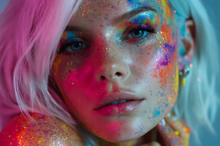 Young woman's face decorated with vibrant glitter, paint splashes, and artistic makeupの素材