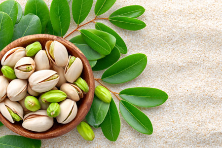 Pistachios in a wooden bowl with fresh green leaves on a sandy backgroundの素材