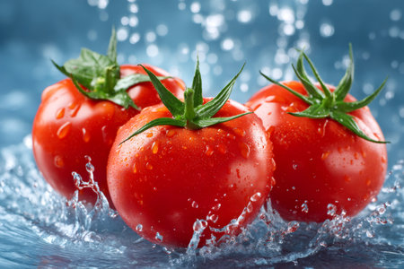 Juicy red tomatoes, wet with water drops, symbolizing freshness and healthy eatingの素材