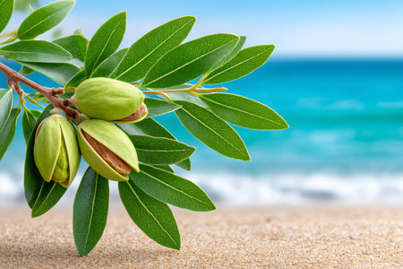 Ripe almonds growing on a branch with sea and sand in the backgroundの素材