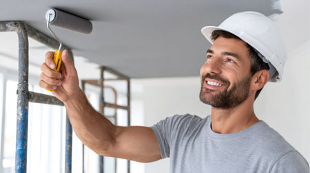 Man in a hardhat smiling while painting a ceiling with a rollerの素材