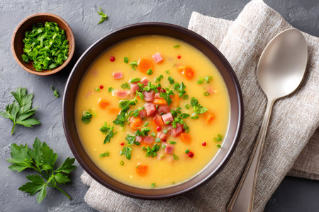 Hearty split pea soup with ham and carrots in a bowl, ready to eatの素材