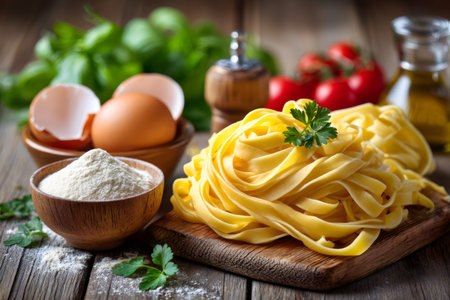 Fresh tagliatelle pasta with flour, eggs, and tomatoes, preparing Italian foodの素材