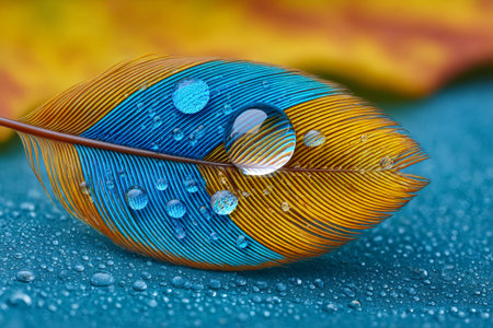 Feather displaying blue and gold colors with many clear water dropletsの素材
