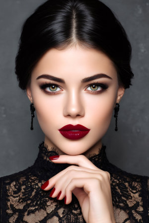 Woman featuring bold red lipstick, dark eye makeup, and black lace, expressing beauty and eleganceの素材