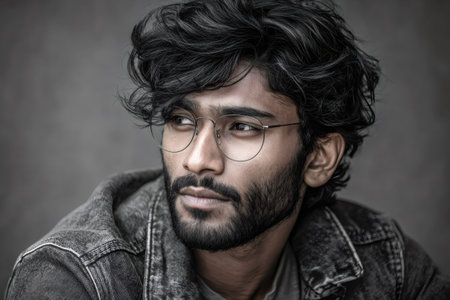 Young man with beard and messy hair looking away, contemplatingの素材