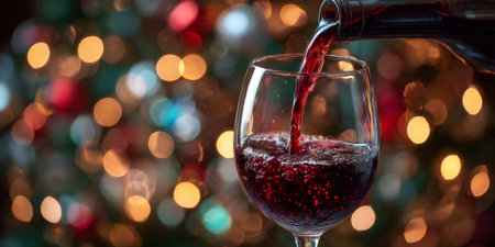 Red wine pouring into a glass, celebrating the holiday season with sparkling background lightsの素材