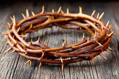 Crown of thorns resting on rustic wooden surface, representing religious passionの素材
